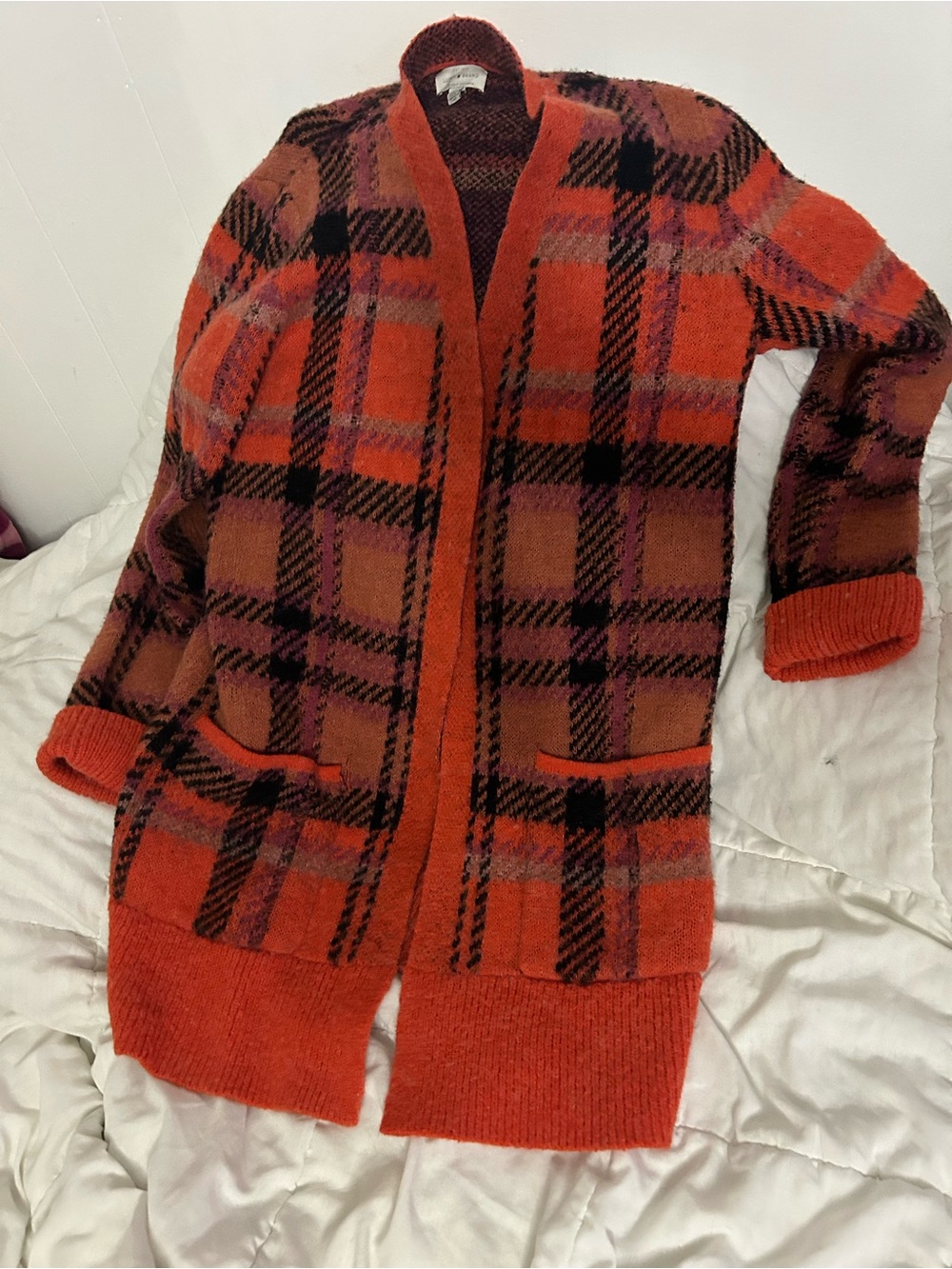 Lucky Brand Orange Plaid Open-Front Cardigan
